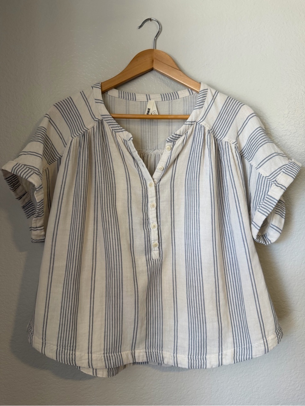 Pact White and Blue Striped Button Henley Blouse